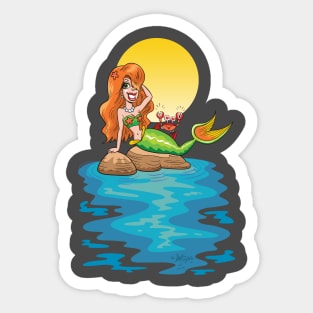 Mermaid Relaxes on Rocks with Crab Sticker